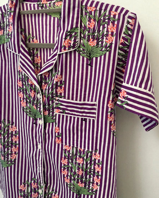 Floral Print Purple Striped Block Print Short Pyjamas - Extra Small Size