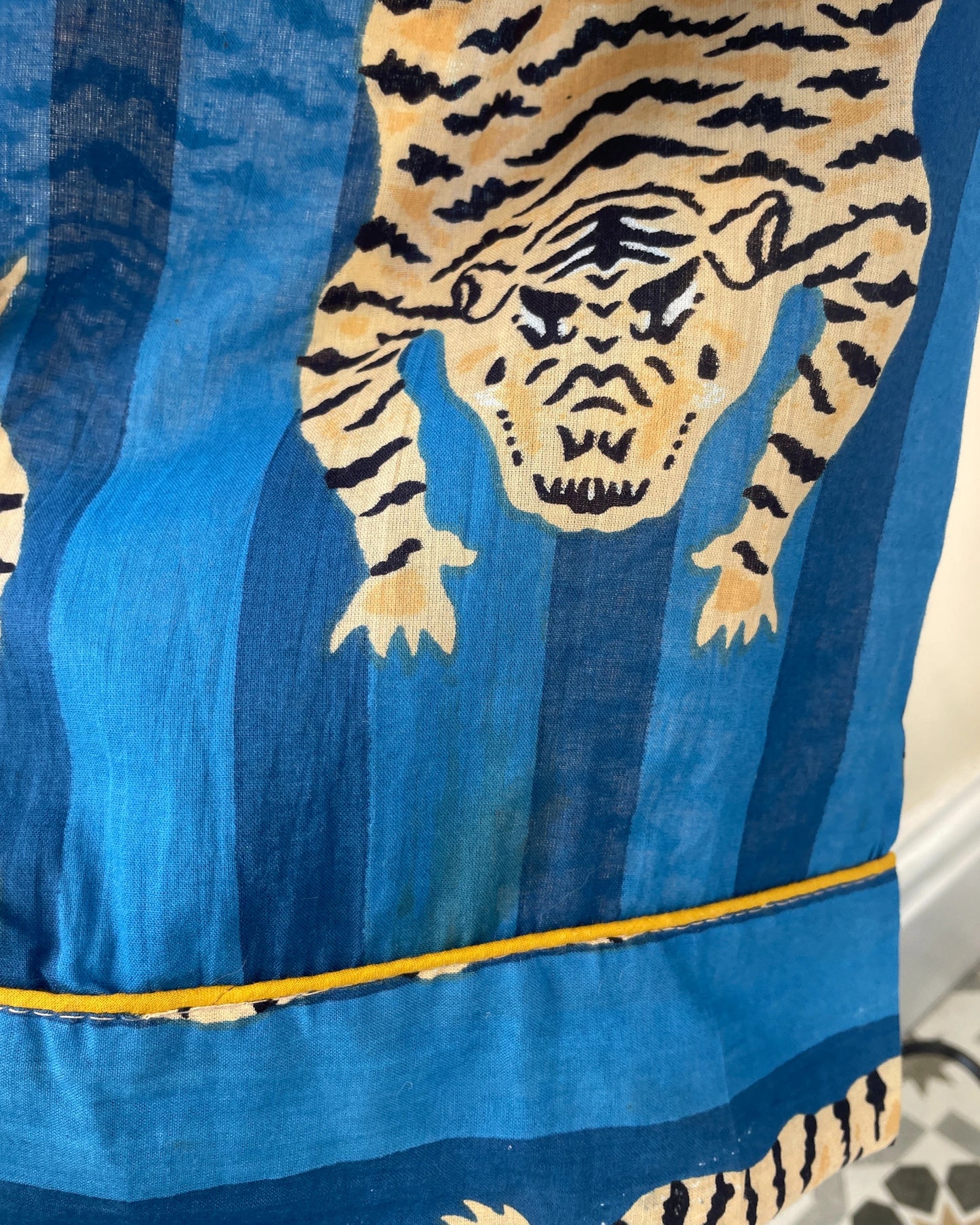 Blue Tiger Block Print Long Pyjamas - Large Size