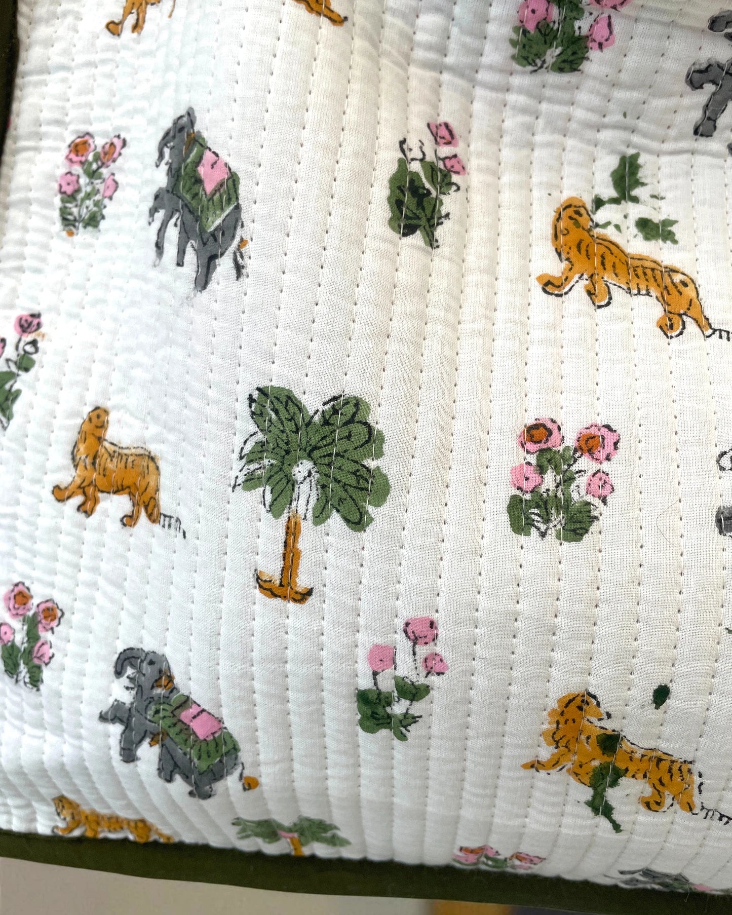 Whimsical quirky printed bag detail featuring indian Flora and Fauna