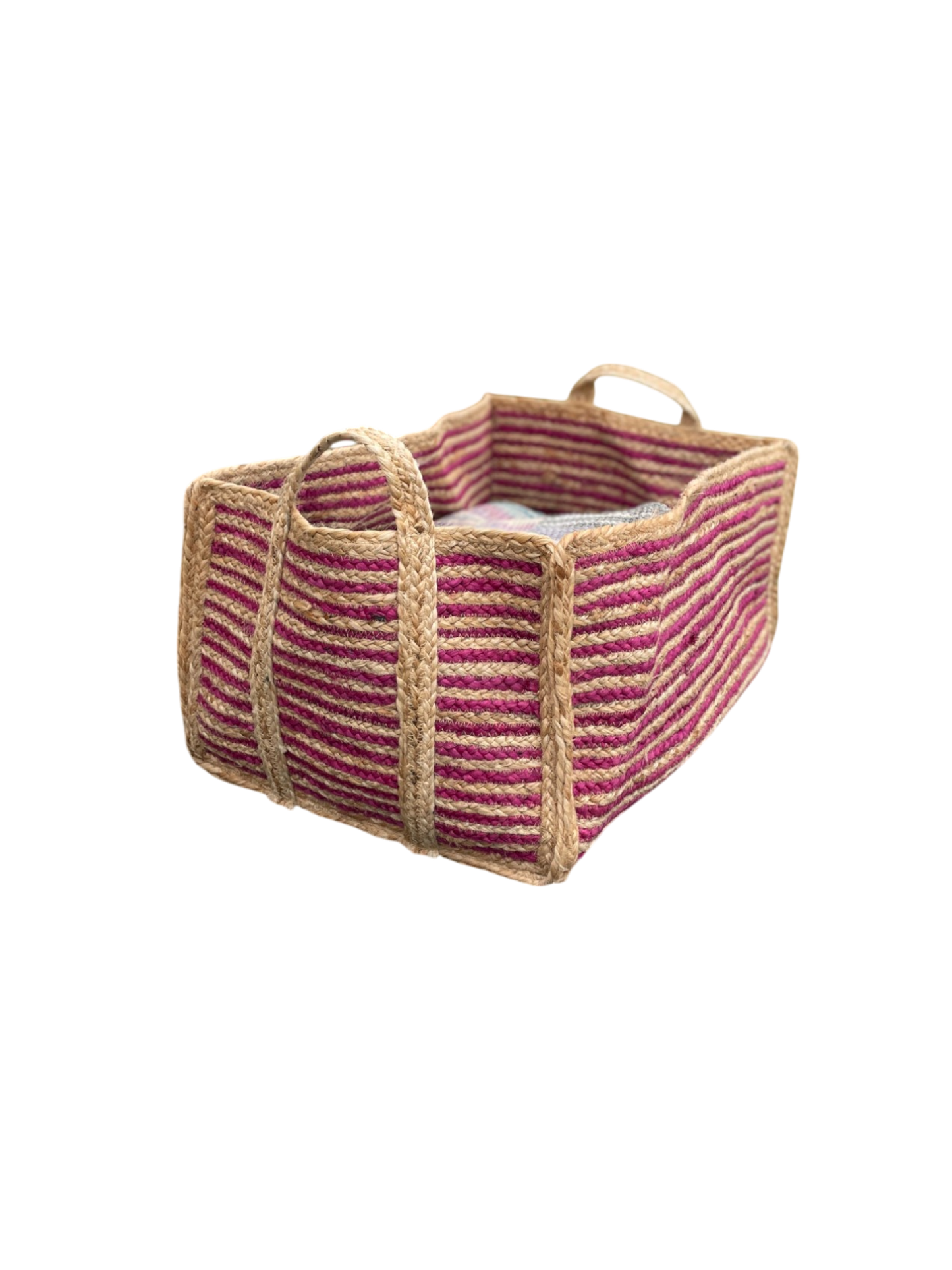 Extra Large Natural and Pink Jute Rectangular Basket