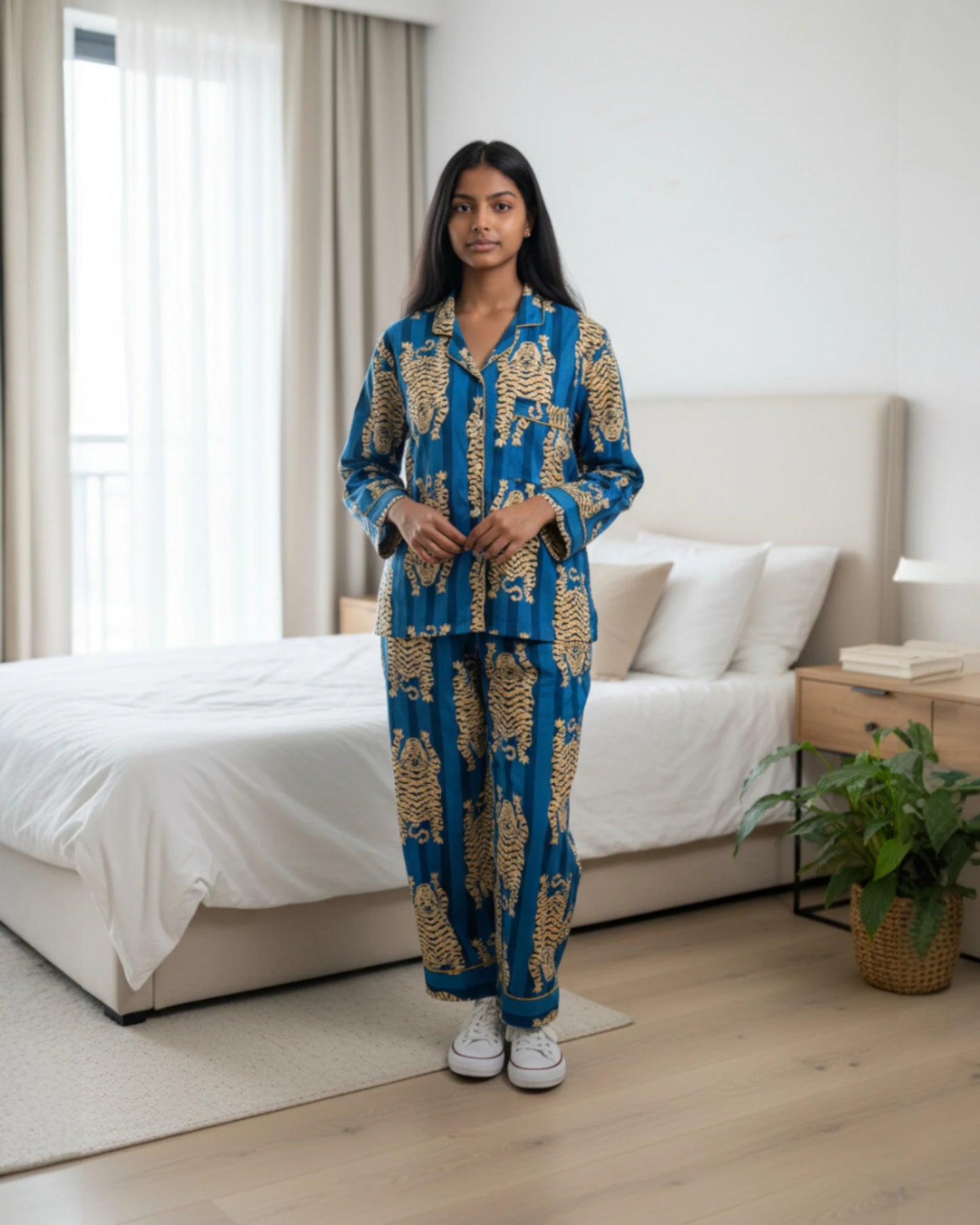 Blue Tiger Block Print Long Pyjamas - Large Size