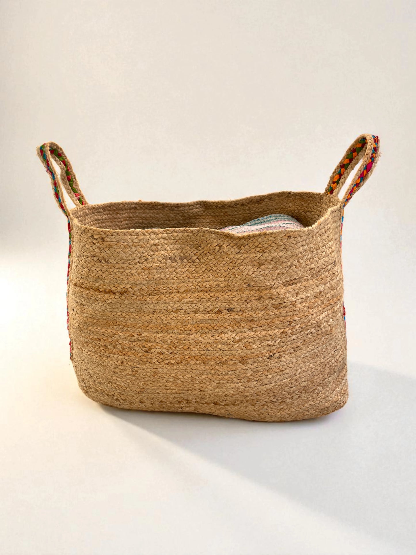 extra large size storage basket with two handles in woven chindi cotton