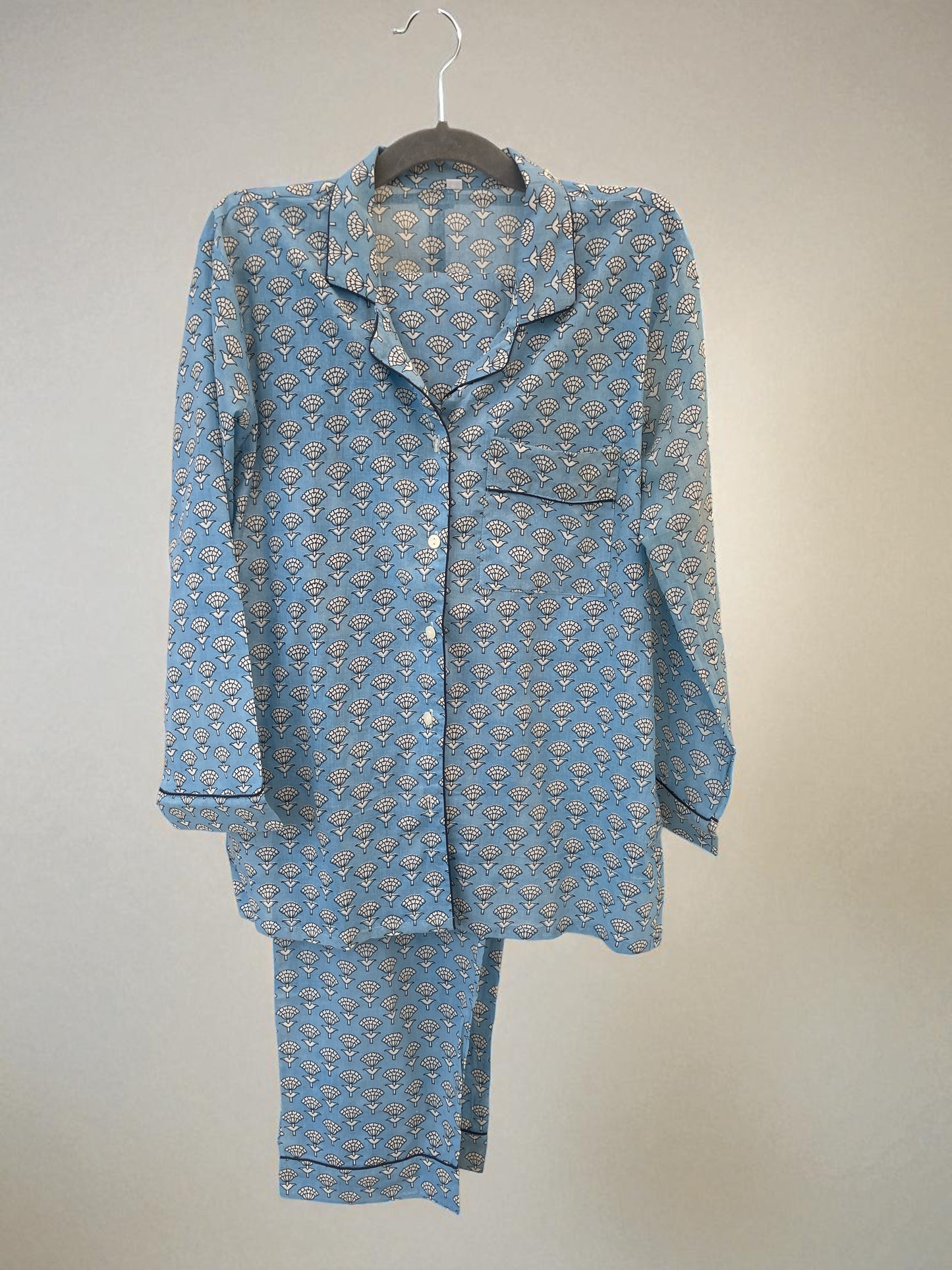 Blue Floral Block Print Long Pyjamas - Small Size