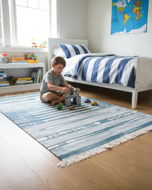 child playing on marine blue rug in nursery