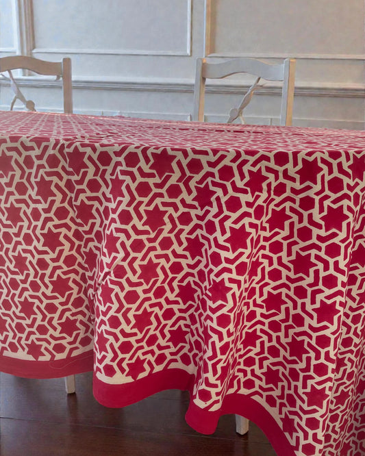 Crimson geometric print tablecloth with star and hexagon design