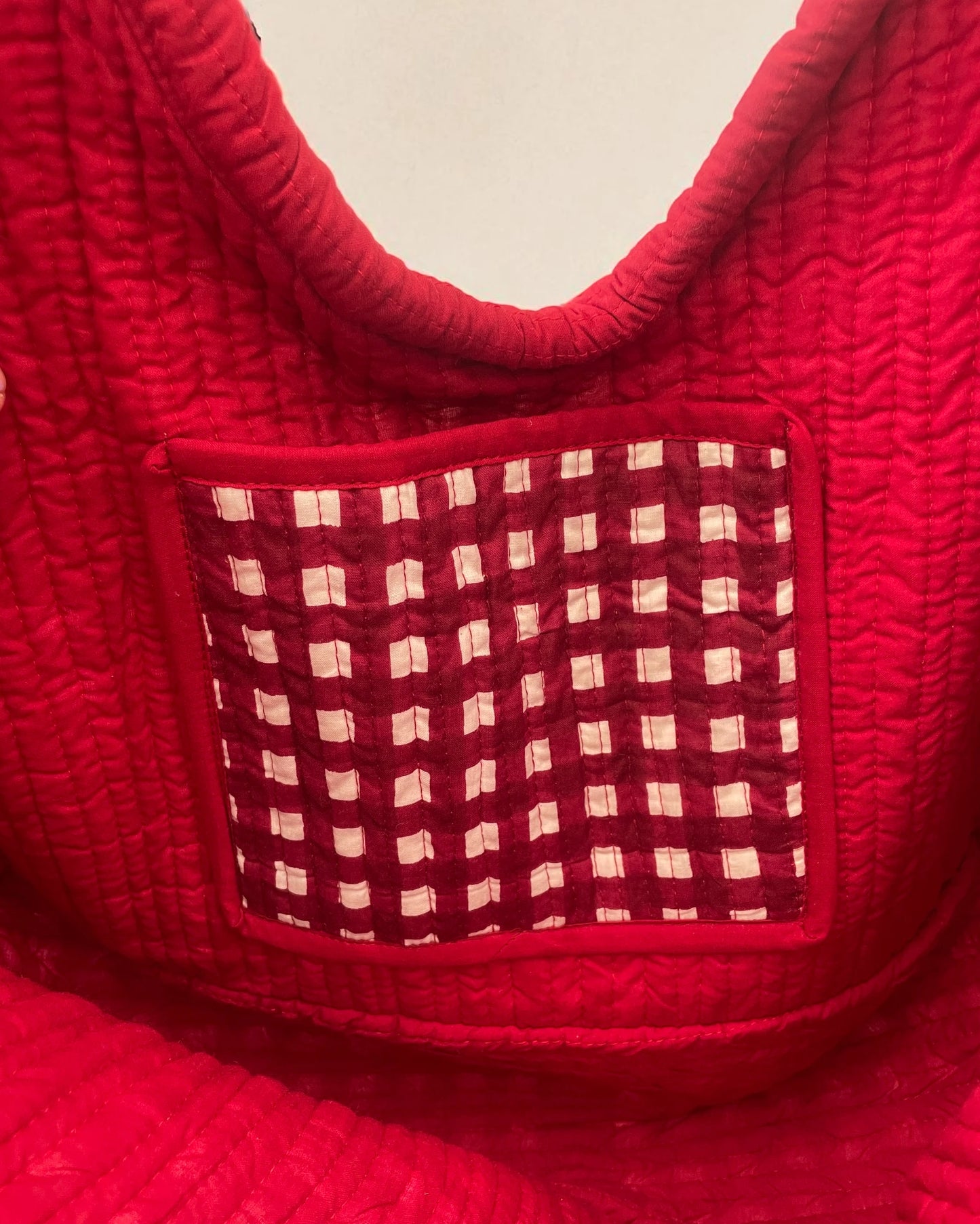 Quilted red cotton bag interior with handy phone pocket great to take to the gym or exercise classes
