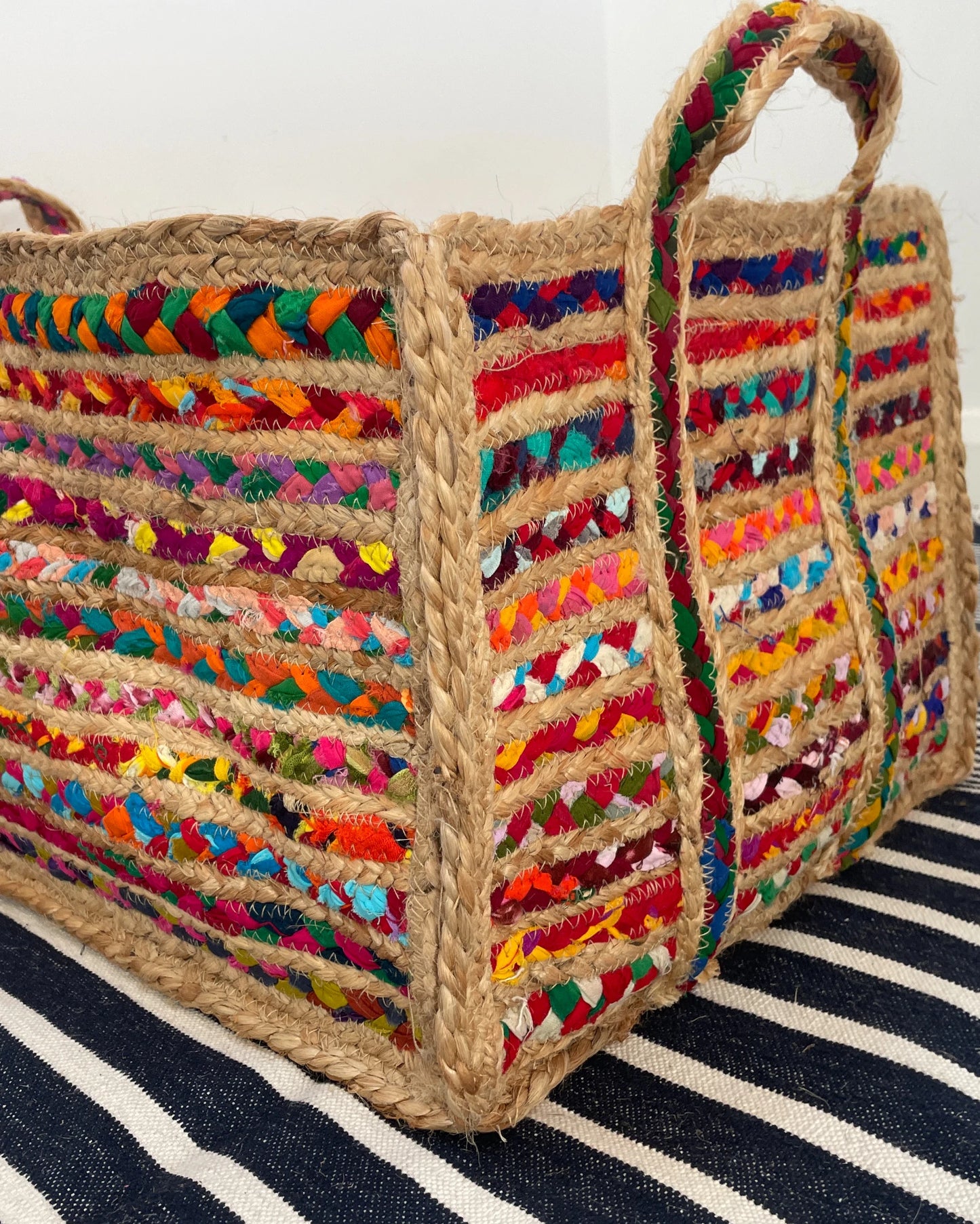 close up detail of natural rainbow storage basket
