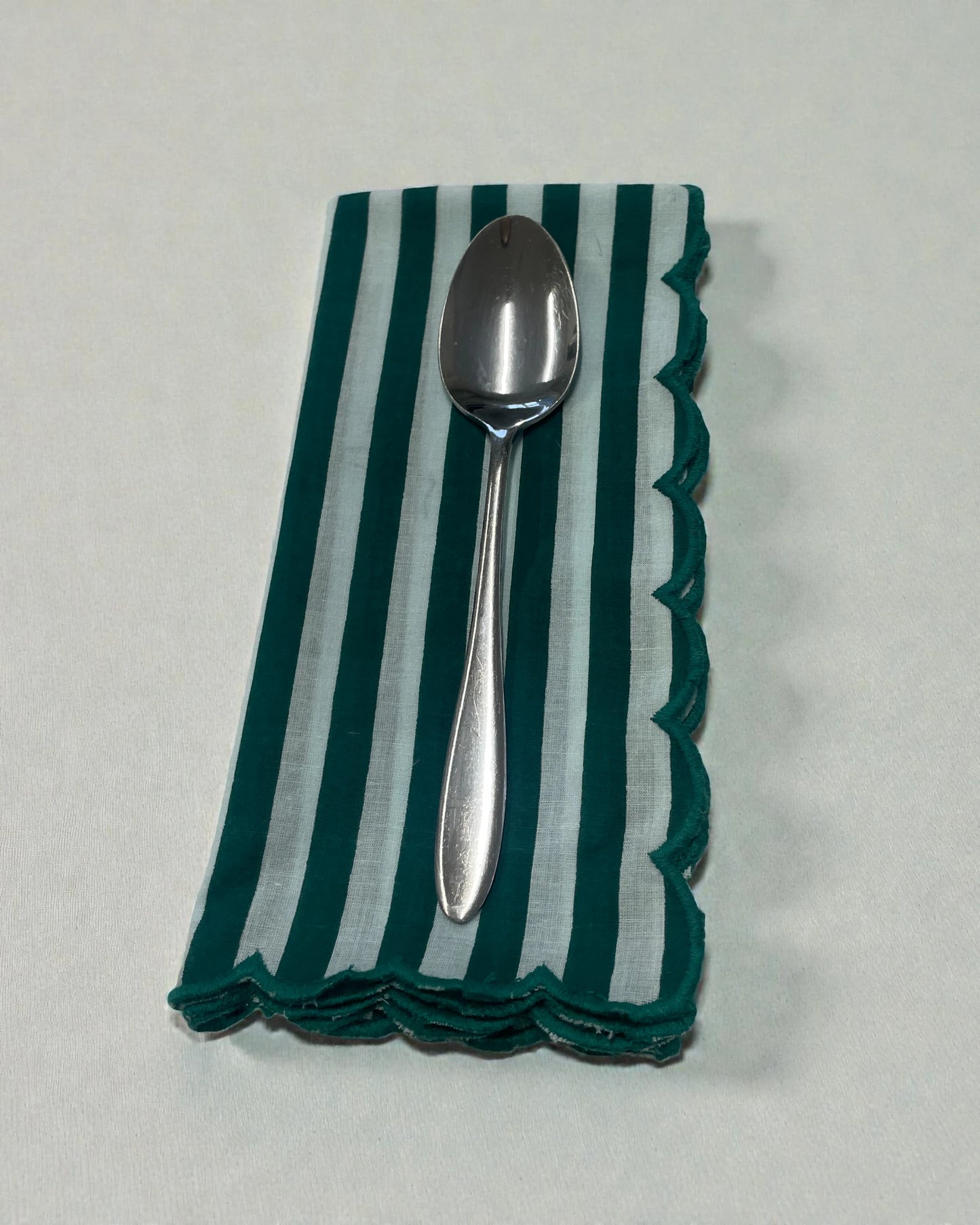 Green and White Striped Scalloped Napkins - Set of Six