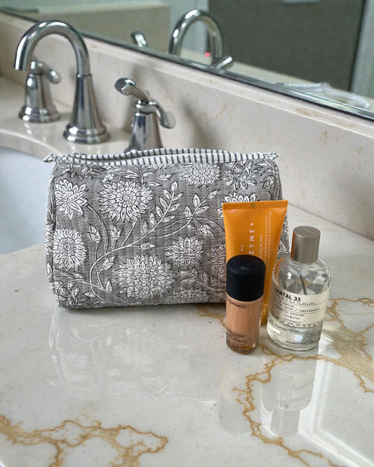 Grey floral quilted cosmetic bags with water resistant lining for makeup and travel