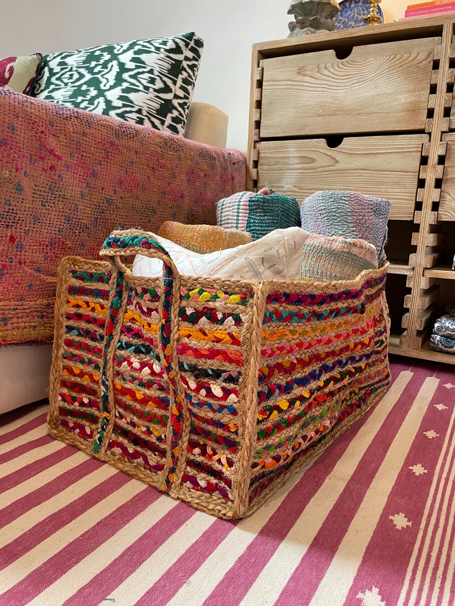 close up of rainbow storage basket for storage of coats, books, shoes, toys, best seller