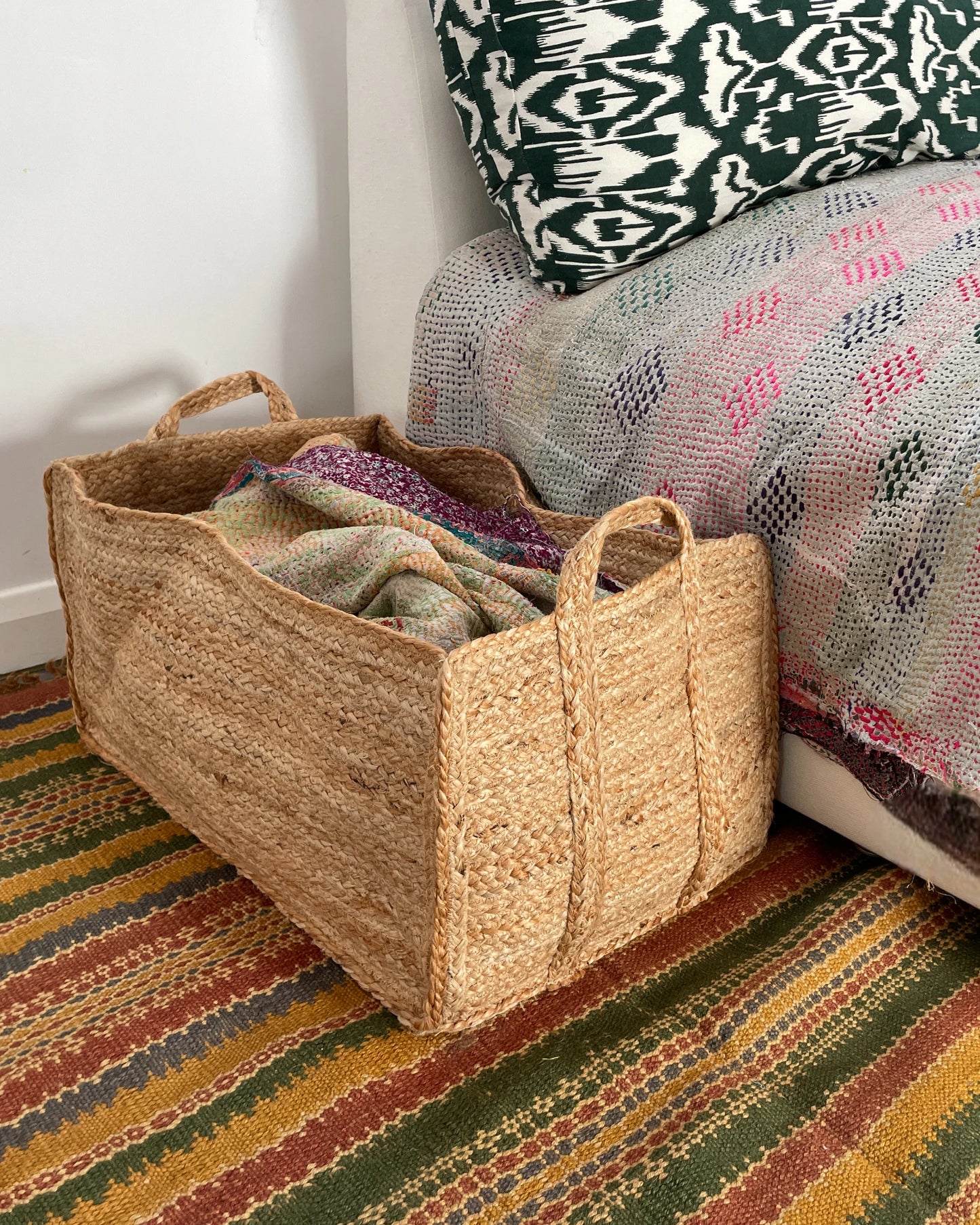 Hand braided jute storage basket