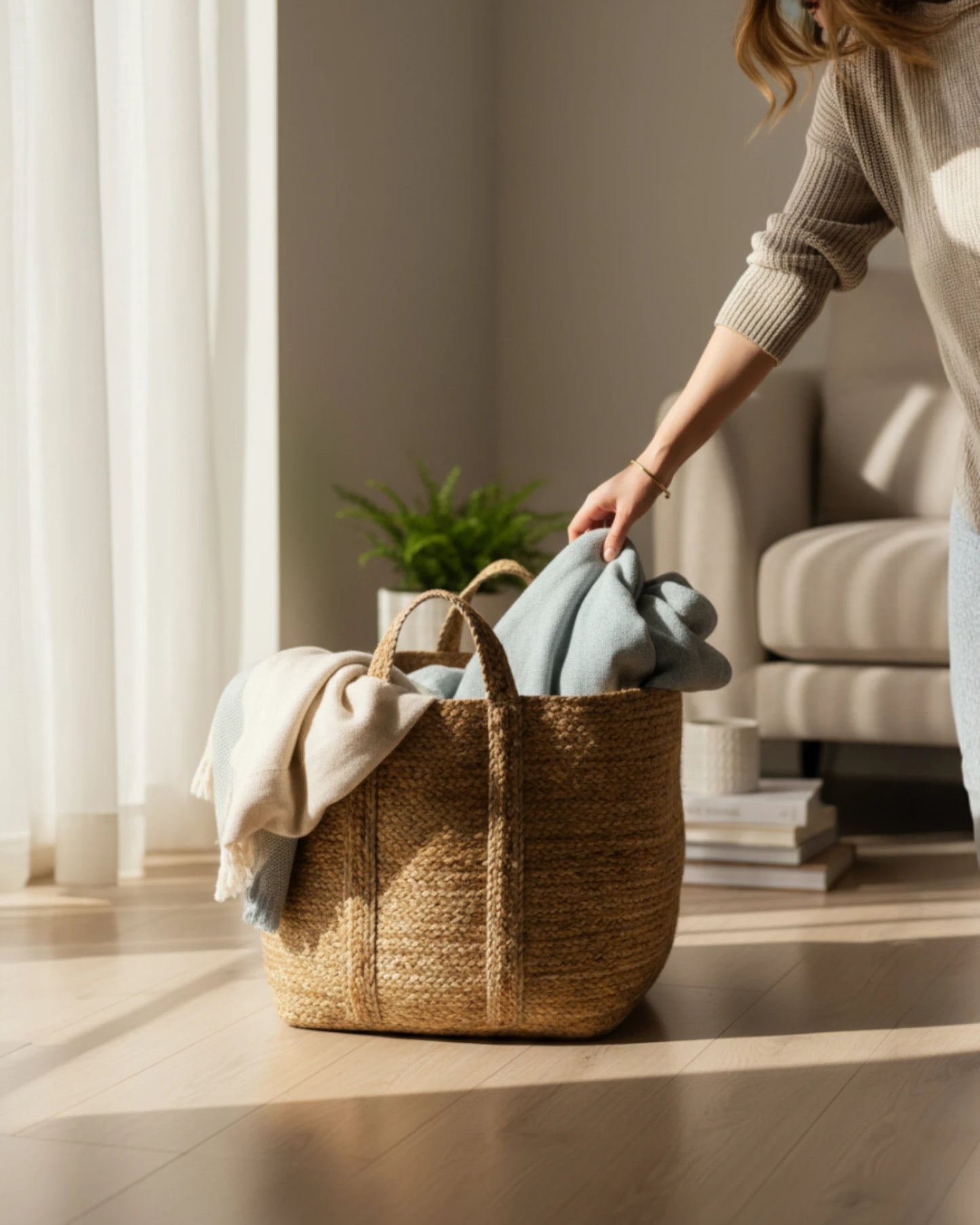neutral and beautiful jute blanket basket in natural eco friendly jute with rounded corners