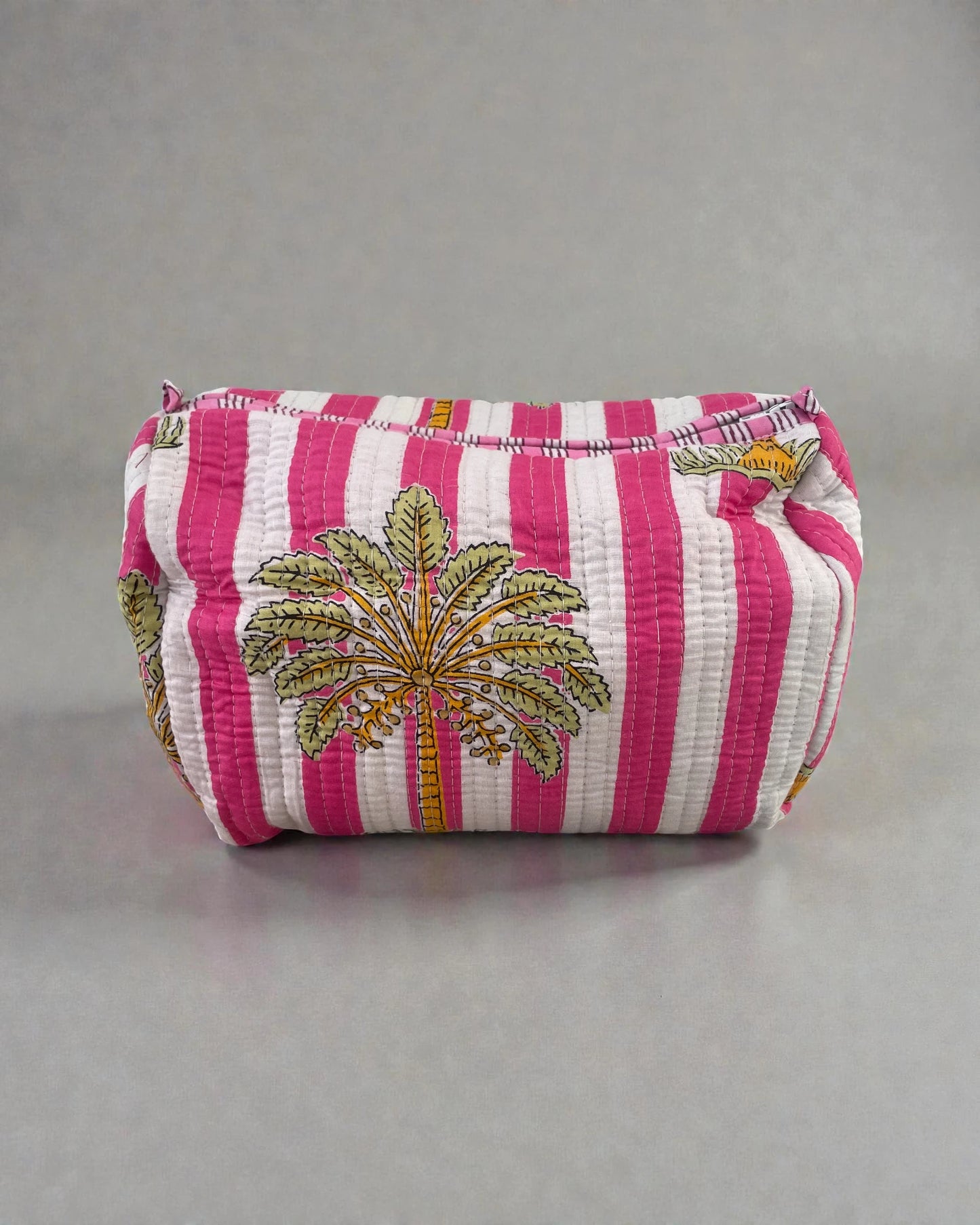 three size gift set pink and white striped palm print cosmetics bag with waterproof elasticated lining