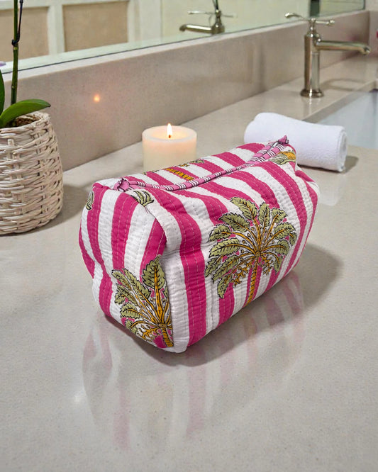 Large pink and white striped palm print travel cosmetics bag with waterproof lining