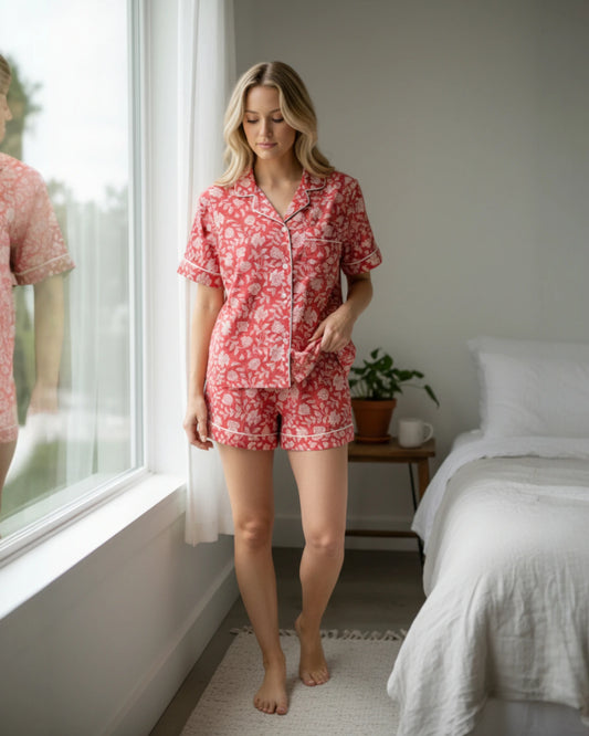 women’s pink and white block print on a model