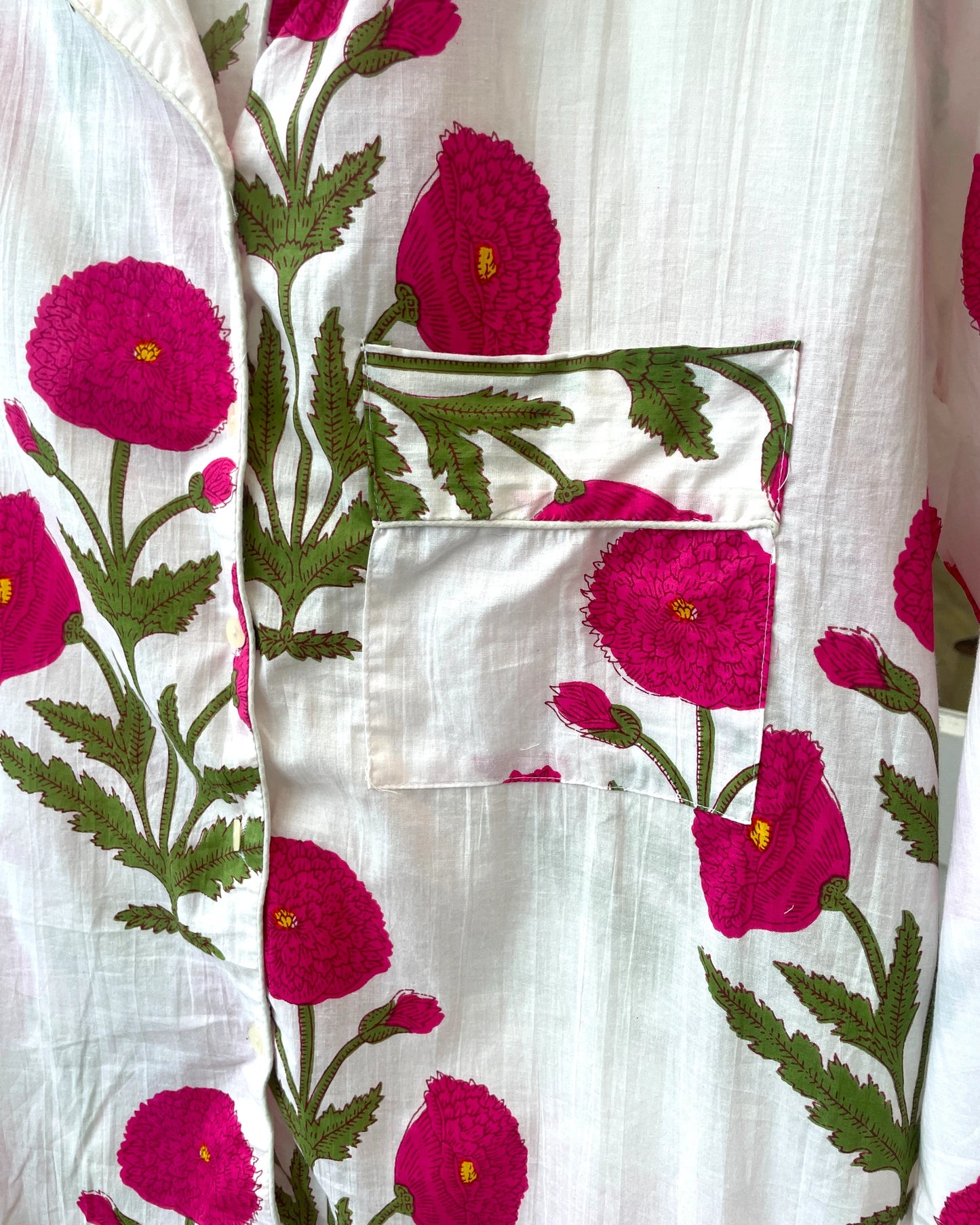 white piped shirt pocket detail in pretty pure cotton pyjamas