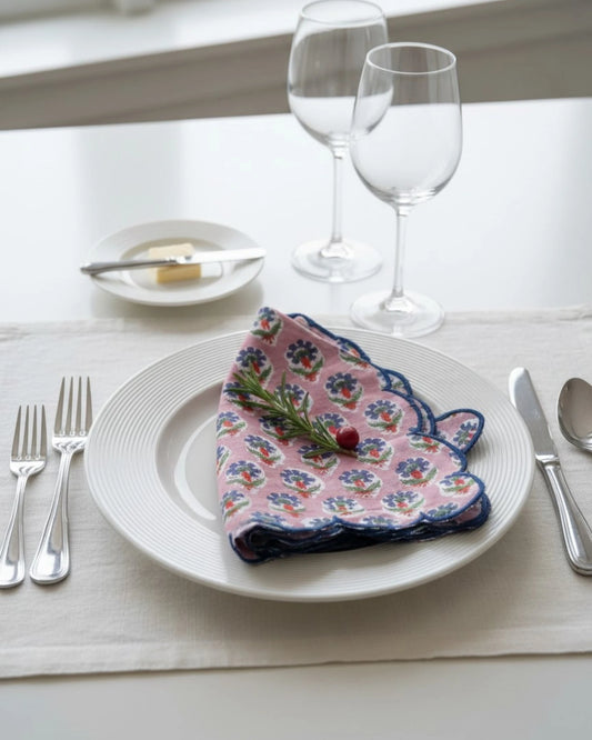 Pink and Blue Floral Scalloped Napkins - Set of Six