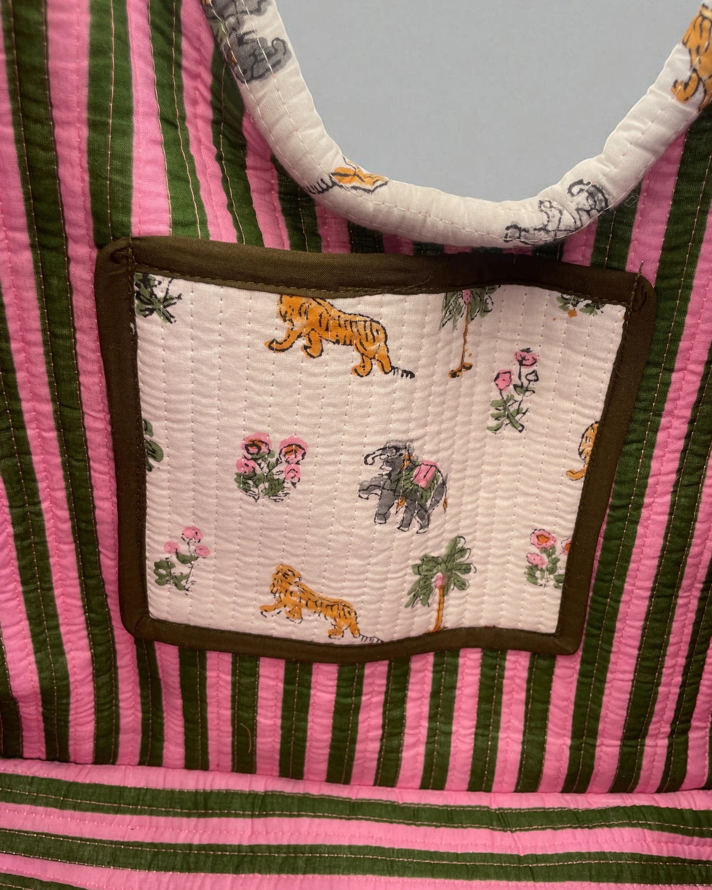 Green and pink striped lined padded block print quilted hand bag perfect for the gym and pilates classes