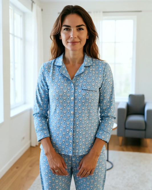 Blue Floral Block Print Long Pyjamas - Small Size