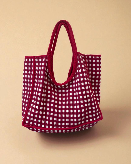 In a bright red checked gingham pattern this small to medium sized tote shopper bag is perfect for on the go