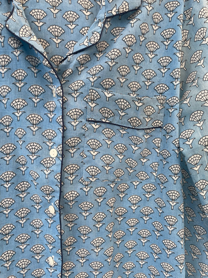 Blue Floral Block Print Long Pyjamas - Small Size