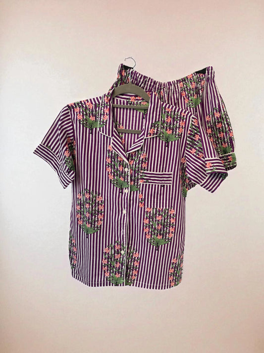 Floral Print Purple Striped Block Print Short Pyjamas - Extra Small Size