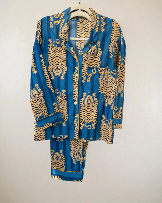 Blue Tiger Block Print Long Pyjamas - Large Size