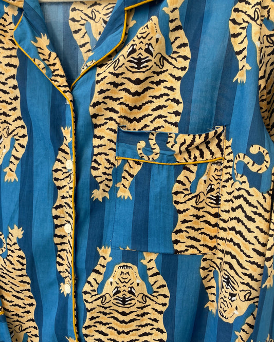Blue Tiger Block Print Long Pyjamas - Large Size