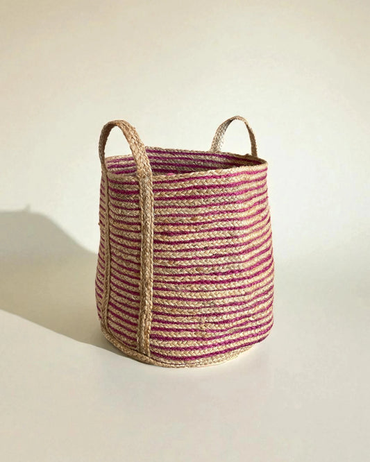 Extra large sized round storage basket with pink and natural woven jute
