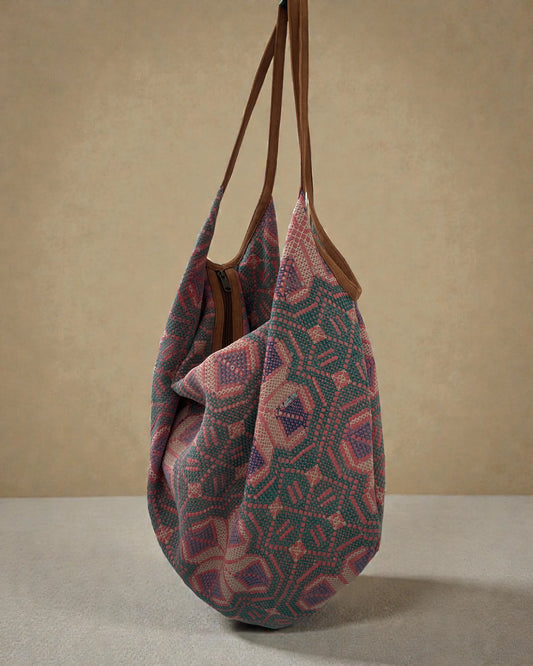 stunning muted pink with green overlay kantha tote bag