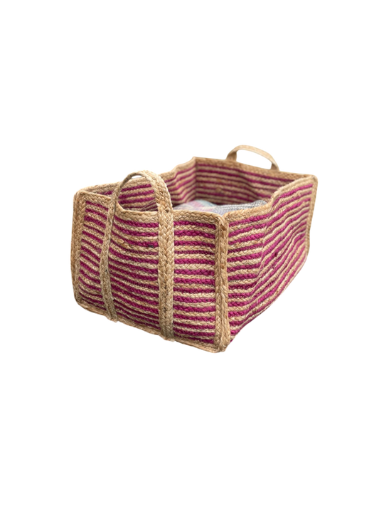 Extra Large Natural and Pink Jute Rectangular Basket
