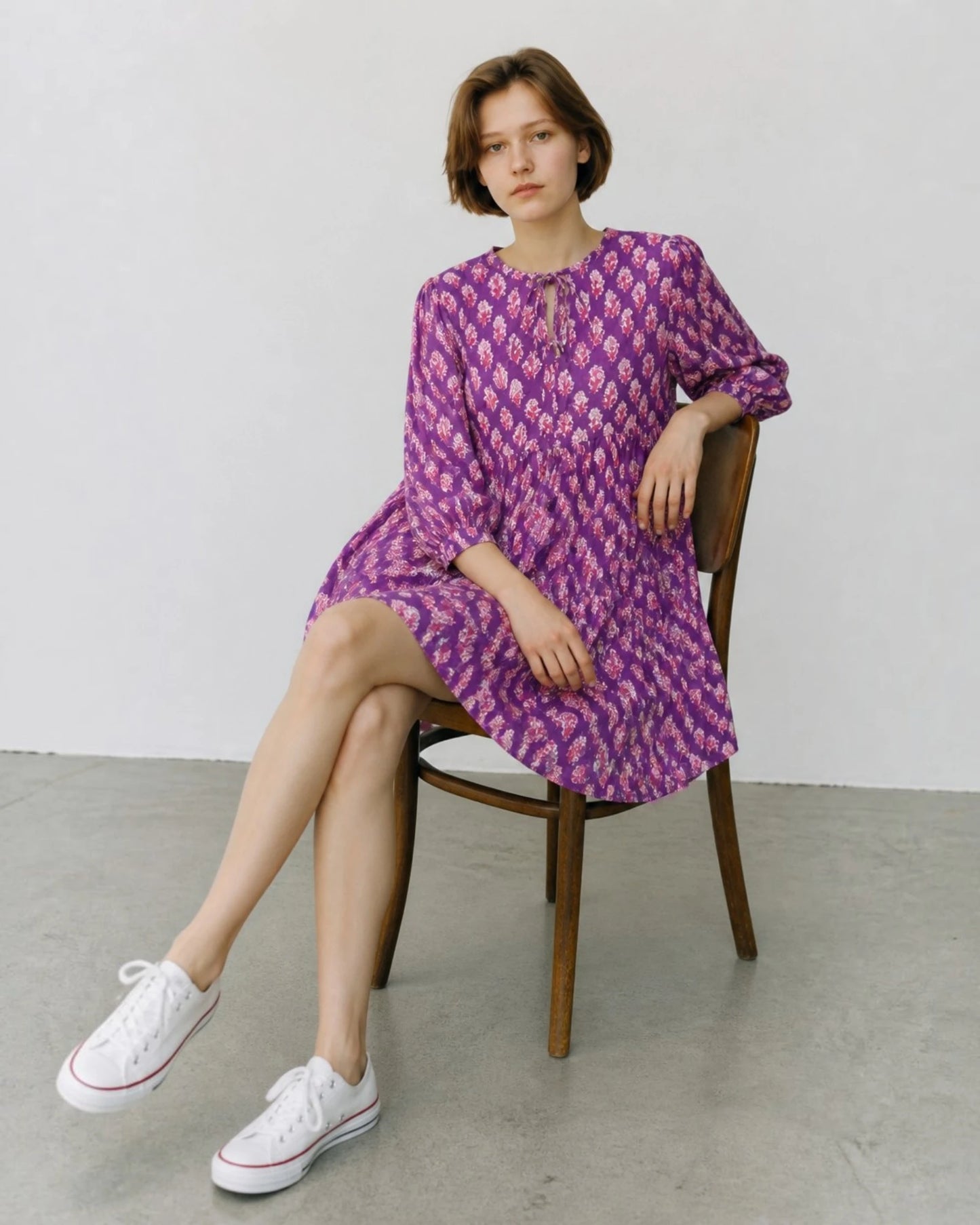Amethyst hand block print cotton mini dress with empire waist and three-quarter sleeves