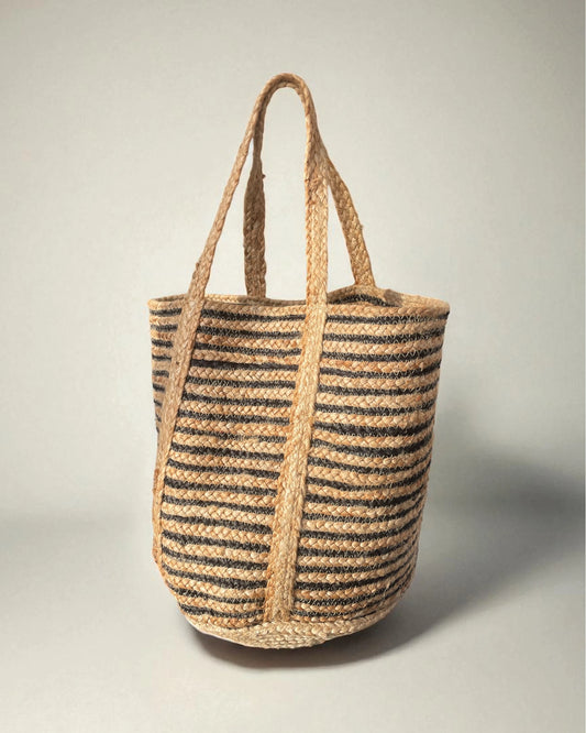 black and natural woven jute, sisal, seagrass braided bag exclusive to indian poppy