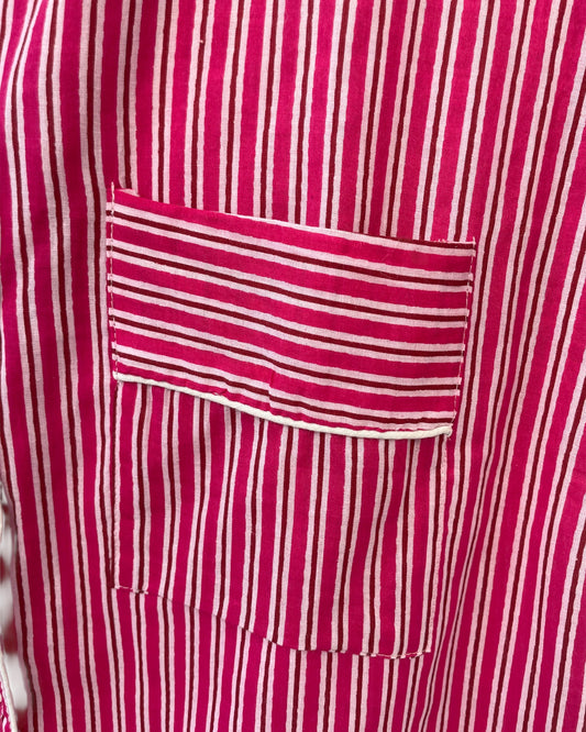 detail of striped hand block print indian made pyjama set shirt style