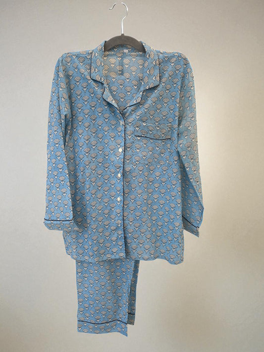 Blue Floral Block Print Long Pyjamas - Small Size