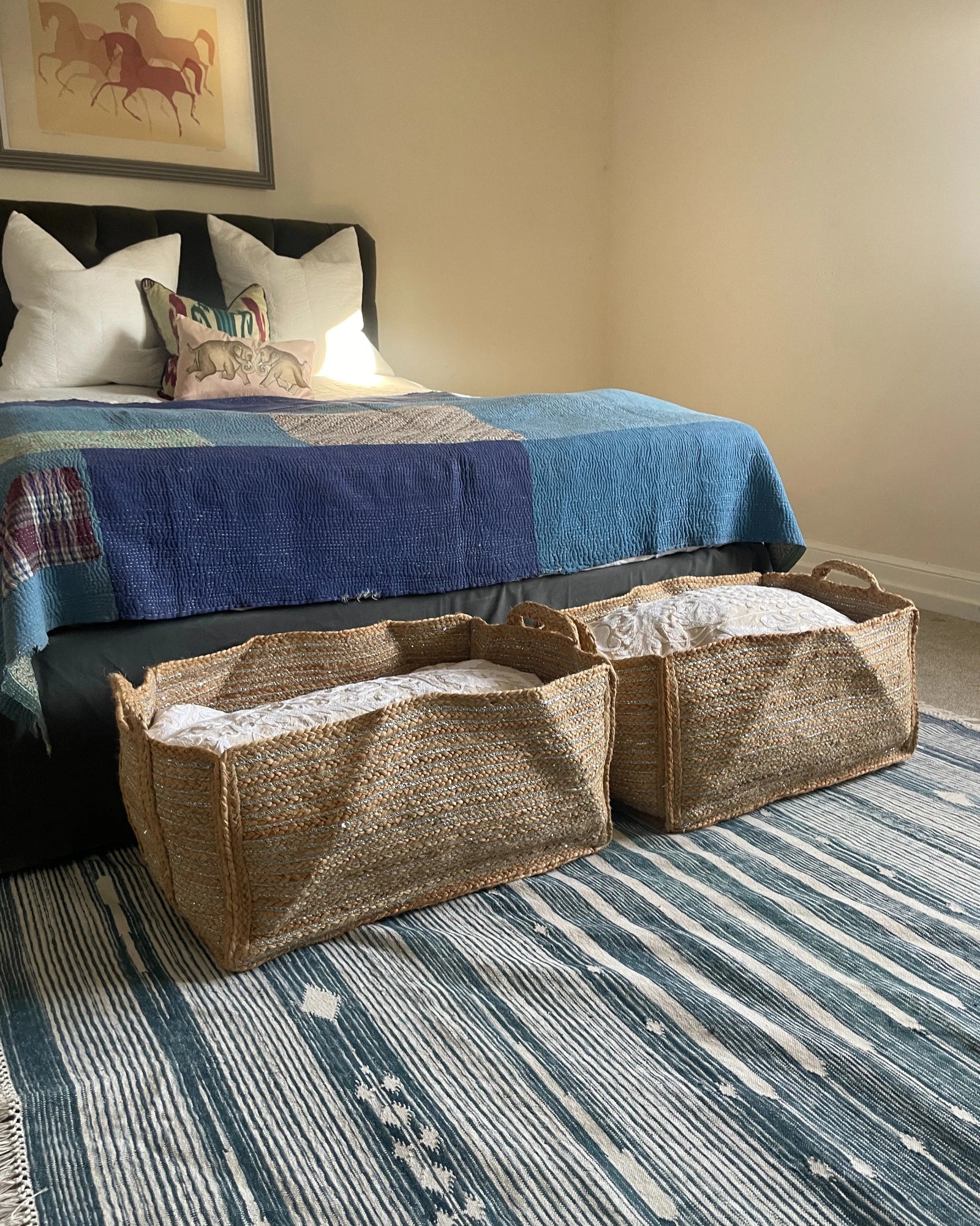 blue rug shown with complementary blue bedspread