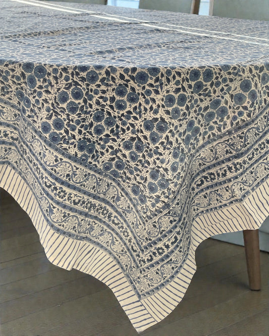 indigo handprinted cotton tablecloth featuring detailed floral motifs and decorative edging