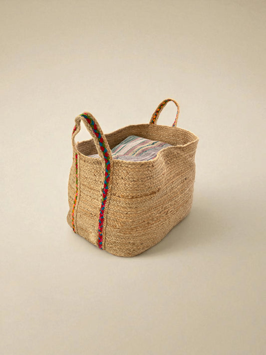 multi coloured handle woven natural jute basket for childrens washing and clothes to wash extra large size and foldable