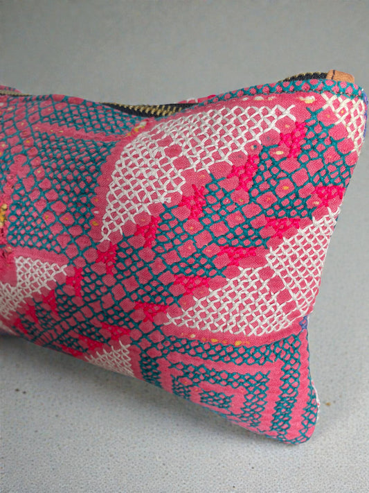 Colorful embroidered fabric travel pouch with zipper for cosmetics and toiletries