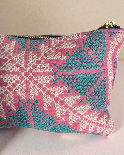 geometric cross stitch reclaimed kantha travel purse