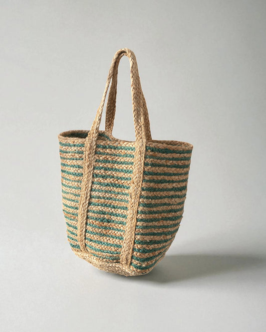 woven basket bag in natural jute and green hand made