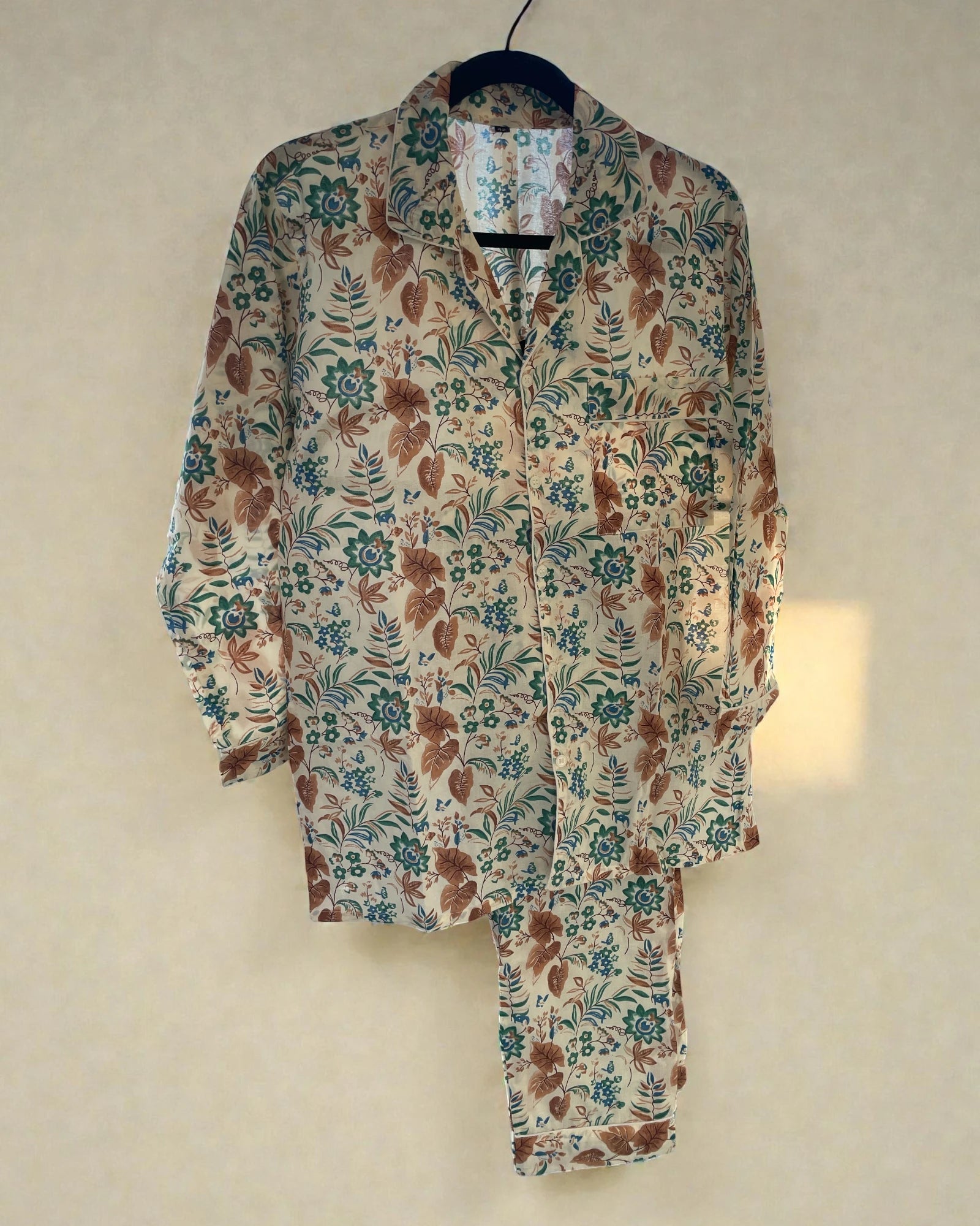 Soft cotton botanical print pyjama set for women in neutral and green tones