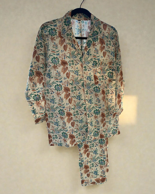 Soft cotton botanical print pyjama set for women in neutral and green tones