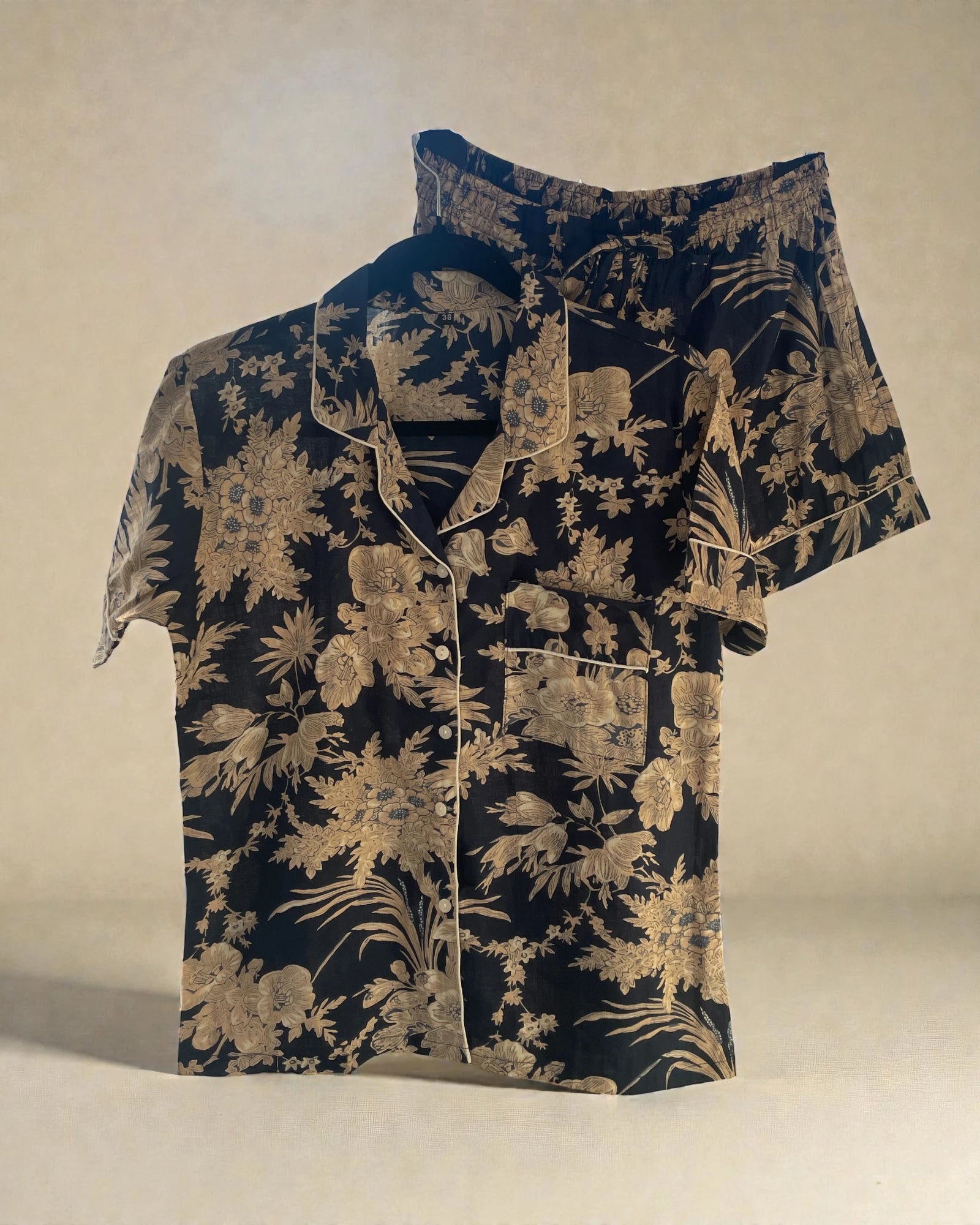 100% cotton floral pyjama set with white piped edging