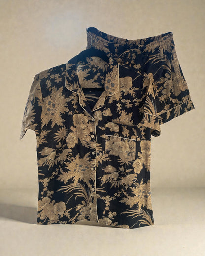 100% cotton floral pyjama set with white piped edging