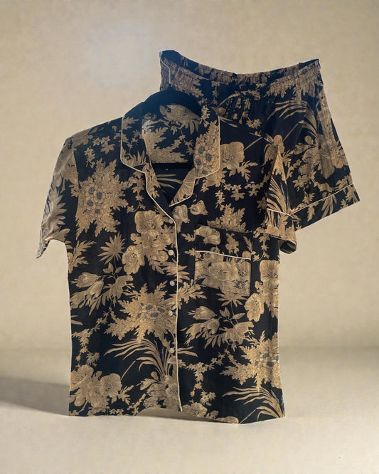 100% cotton floral pyjama set with white piped edging