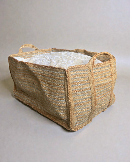 Extra Large Natural and Silver Jute Rectangular Basket