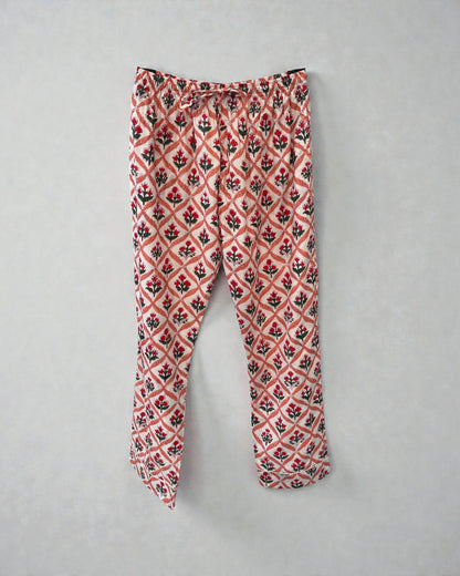 100% cotton floral pyjama trousers with pockets and drawstring elasticated waist in scarlet red and coral pink