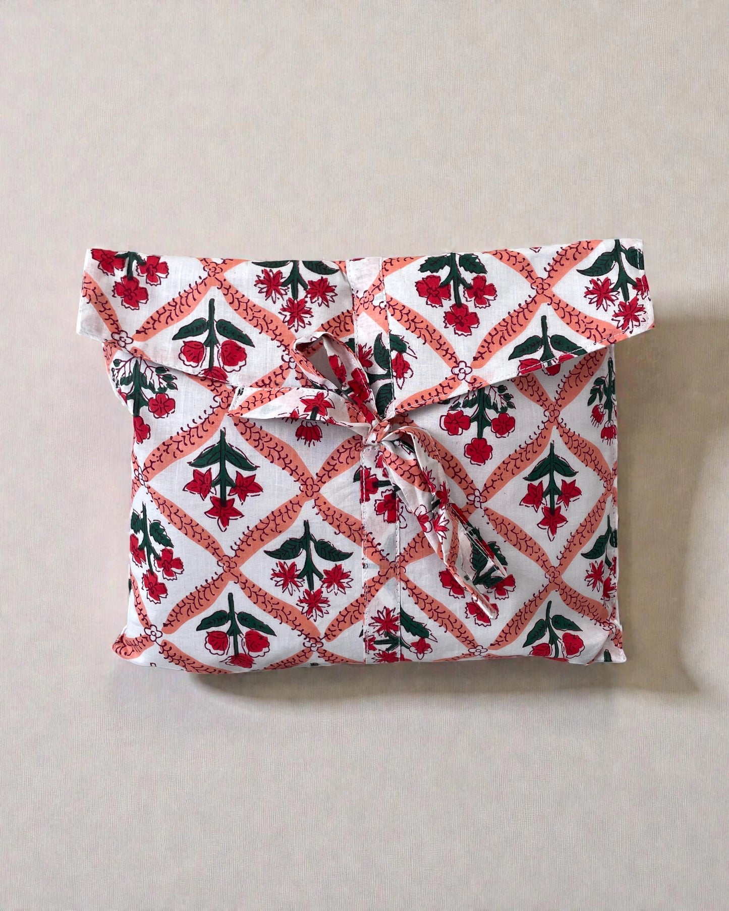 Floral cotton pyjamas in scarlet red and coral pink with matching cotton gift bag