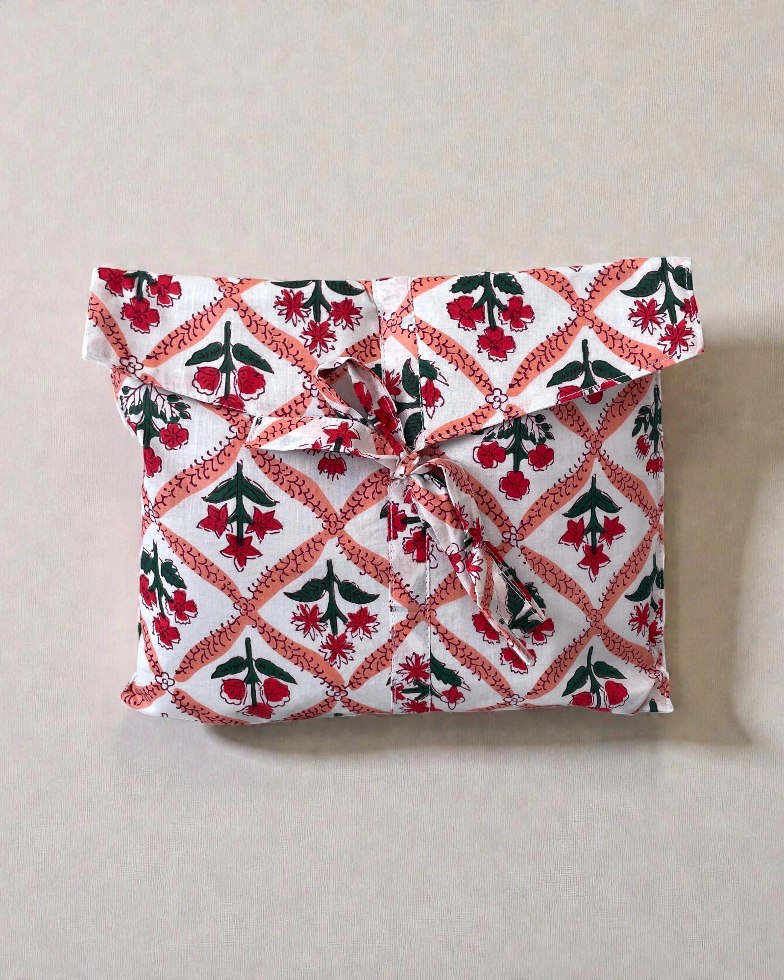 Floral cotton pyjamas in scarlet red and coral pink with matching cotton gift bag